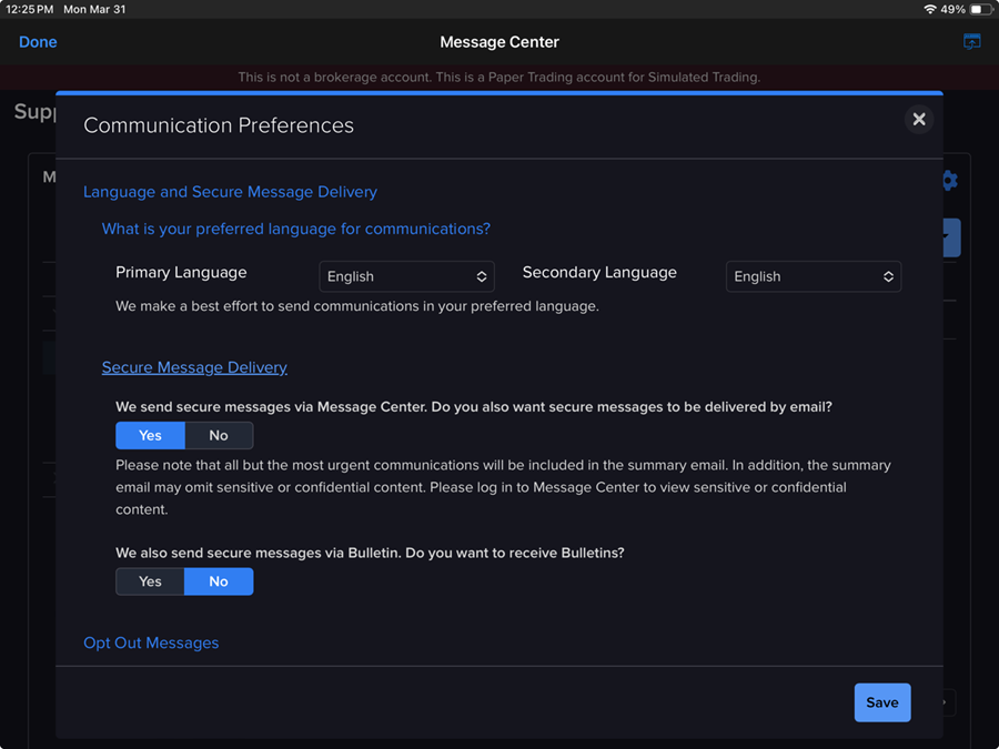 The communication preferences on the iPad